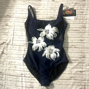 Neu mit Etikett NEU Gottex Damen Blumendruck Einteiler Badeanzug marineblau weiß Größe 14 - Bild 1 von 6