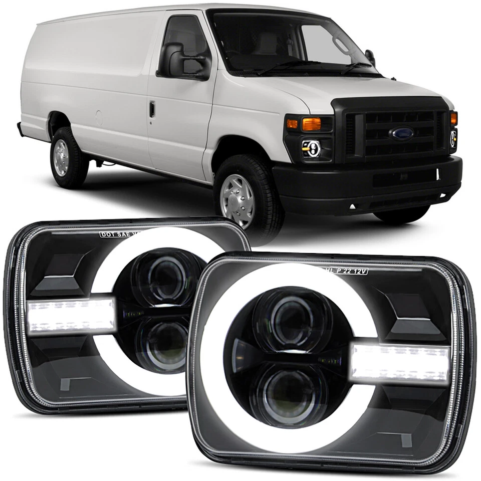 Pair 5x7" 7x6" LED Headlights DRL For Ford E-150 E-250 Econoline Van Club Wagon - Image 1 of 4