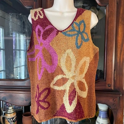 J.H. Coleccionables Mujer Óxido Naranja Floral Tejido Suéter Chaleco XL Hippie Años 90 Foto 1 de 4