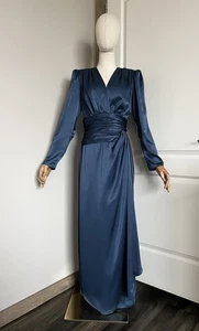 Robe formelle vintage années 70 Miss Elliette California satin marine fausse enveloppe taille 12 - Photo 1/18