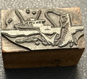 Sport fishing ocean boat | vintage letterpress printing block, tackle rod hook - Picture 1 of 3