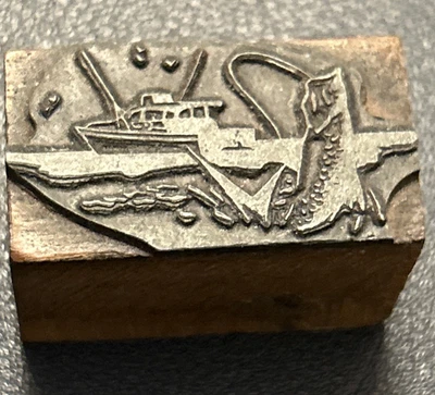 Sport fishing ocean boat | vintage letterpress printing block, tackle rod hook - Image 1 of 3
