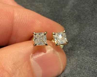 1.0 Carat LabCreated Diamond Princess Solitaire Stud Earrings 14kGold Plated 925 - Image 1 of 4