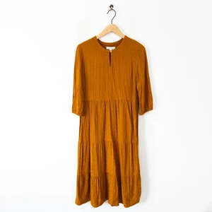 Seasalt Autumn Wreath Midi Dress Size 12 Golden Brown Mustard Tiered Smock - Picture 1 of 13