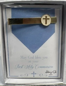 NIP First Holy Communion Tie Bar Clip Cross Gold-tone  (1.5" x .5") - Picture 1 of 5