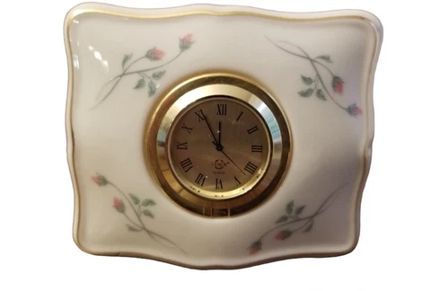 Lenox Porcelain Clock Rose Manor Pink Flower Buds Gold Trim Desk Accessory Cover