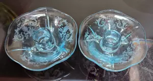 VTG Pair Fostoria Glass Co JUNE ETCH AZURE BLUE #2394 Three-Toed Candlestick! - Picture 1 of 13
