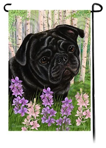 Bandera de jardín con flores de primavera - Pug negro - Imagen 1 de 1