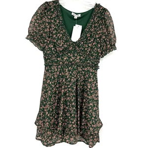 New Allison + Kelly Green Floral Pink Layered Front Dress Size Medium Lined - Picture 1 of 8