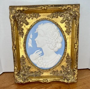 Wedgwood Style Portrait Medallion Goldtone Framed Blue Jasper Colored Wall Art - Picture 1 of 14
