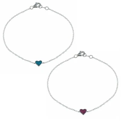 Sterlingsilber Gliederkette Armband Mit Blauen Oder Roten CZ Steinen Herz - Bild 1 von 2