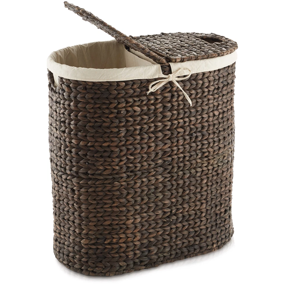 2-Section Oval Laundry Hamper Clothes Basket with Lids & Liners, Hyacinth Wicker - Image 1 of 1