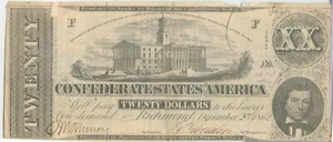 1862 $20 Twenty Dollars Confederate States Of America Note Currency T-51 - SR952 - Picture 1 of 2