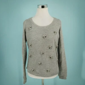 Lilka Anthropologie Size XS Gray Rhinestone Bead Details Crew Knit Sweatshirt - Picture 1 of 8