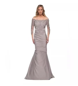New! La Femme 29324 Satin Mermaid Gown with Off the Shoulder Lace Size 10 $ 498 - Picture 1 of 12
