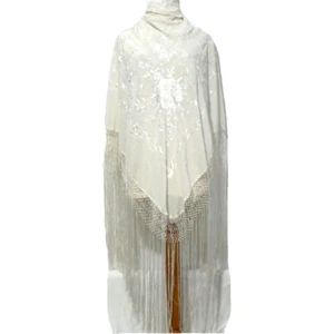 Antique Silk Shawl Wrap Piano Scarf HAND EMBROIDERED FLORAL WITH FRINGE. - Picture 1 of 12