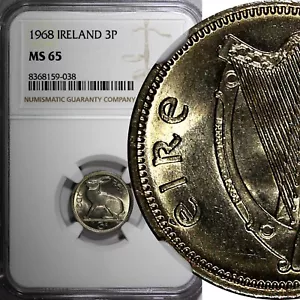 Ireland Republic Copper-Nickel 1968 3 Pence NGC MS65 Hare KM# 12a (038) - Picture 1 of 5