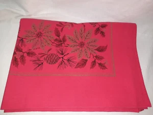 MCM Festive Christmas Tablecloth Red w/ Black Pine Boughs Gold Poinsettia 50"x62 - Picture 1 of 10