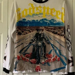 Godspeed Men's Long Sleeve T-Shirt Skeleton Motorcycle Graphic White S - Picture 1 of 11