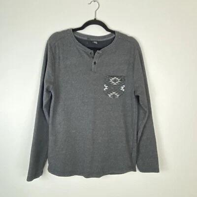 Volcom Mens Medium Long Sleeve Henley T Shirt Gray Black Aztec Front Pocket - Image 1 of 4