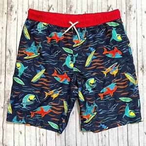 Lands End Boys Swim Trunks XL 14H-16H Blue Red Surfing Sharks Husky Lined - Picture 1 of 7