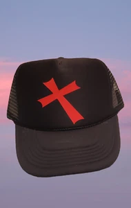 RED CROSS MESHBACK SNAPBACK TRUCKER BLACK HATS - Picture 1 of 1
