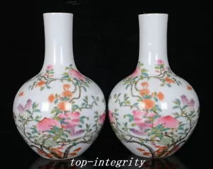 Coppia Vaso Bottiglia Pipistrello Frutta Pesca Dorata Porcellana Colore Smalto Yongzheng 9,2" - Foto 1 di 9