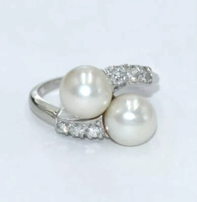 Pearl Diamond Bypass Ring, 14k White Gold, Sz 5.5, Exc. Cond. - Image 1 of 4
