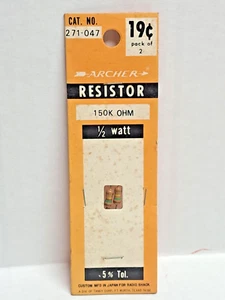 Archer Radio Shack resistencia 1/2 vatio, 5% Tol., 150K OHM, Cat. No. 271-047 NOS - Imagen 1 de 5