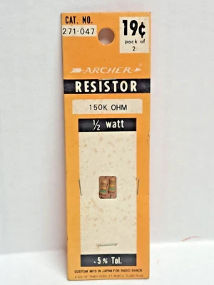 Archer Radio Shack resistor 1/2 watt, 5% Tol., 150K OHM, Cat. No. 271-047 NOS - Image 1 of 4