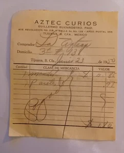 Vintage 1950 Aztec Curios Receipt Tijuana Mexico - Picture 1 of 9