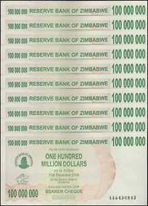 20 x Zimbabwe 100 Million Dollars Bearer Cheque, 2008, P-58, Used - Picture 1 of 2