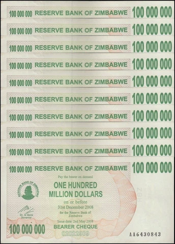 10 x Zimbabwe 100 Million Dollars Bearer Cheque, 2008, P-58, Used Cover