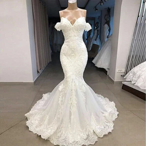 Luxury Mermaid Off-Shoulder Wedding Dress Lace Bridal Gown Lace-up Back 2 4 6++ - Picture 1 of 4