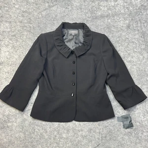 Liz Claiborne Blazer Jacket Womens 10 Black Career Ruffle Button 3/4 Sleeve NEW - Picture 1 of 11