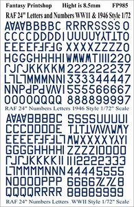 RAF Zahlen und Buchstaben 24" Transfers Decals WWII & 1946 - FP985 BLAU 1/72 SCALE - Bild 1 von 3