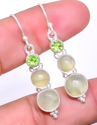 Серьги ручной работы из стерлингового серебра 925 пробы с пренитом и перидотом 1,76 дюйма E7909-5 - Изображение 1 из 4