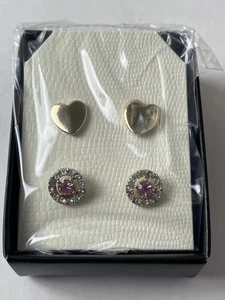 Avon Be Mine Ohrstecker 2 Stück goldfarbene Herzen und klare und rosa Kristall - Bild 1 von 6