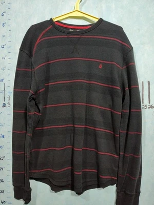 Volcom Sweater Mens Large Black Red Stripe Thermal Pullover Crewneck Casual - Image 1 of 4