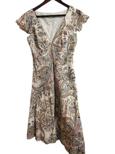 Laura Ashley Cotton Silk Paisley V-Neck Dress Short Ruffle Sleeve Knee Length - Picture 1 of 7