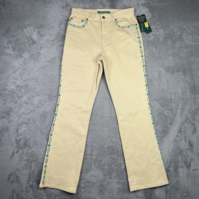 Pantalones De Colección Ralph Lauren Mujer 4 Caqui Chino Verde Azulado Cuentas Azteca Navajo Occidental Años 90 Foto 1 de 4
