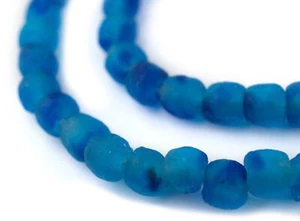 Aqua Swirl Recycled Glass Beads 7mm Ghana African Sea Glass Blue Round Handmade - Picture 1 of 1