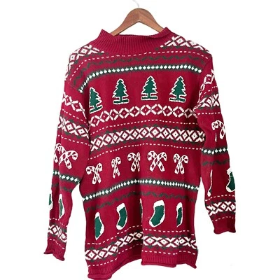 Vintage Chaus Knit Cotton Blend Ugly Christmas Sweater Red Size Small - Image 1 of 4
