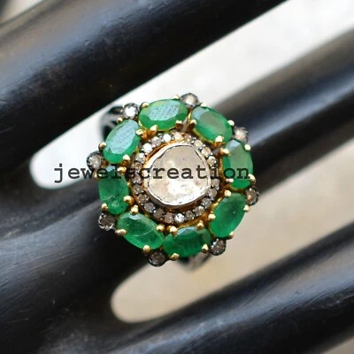 Anillo Flor Piedras Preciosas Esmeralda Plata 925 Sólida Diamante Polki Natural Regalo Para Mamá Foto 1 de 4