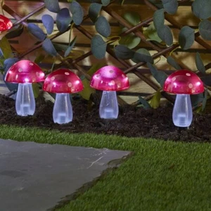Solar 4 LED Stake Lights Mushroom Magic Toadstool Set Waterproof Fairy Garden - Picture 1 of 4