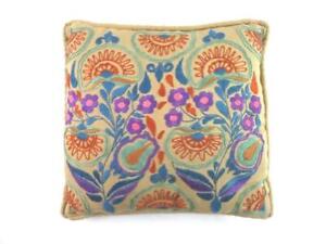 Vintage Embroidered Throw Pillow Floral Tan Pink Blue Orange Purple Boho Chic