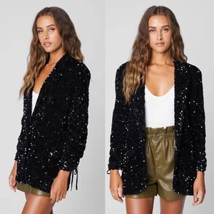 BLANKNYC BREAK THE BANK BLACK SEQUINS RUCHED SLEEVE BLAZER JACKET SIZE M, $128 - Picture 1 of 16