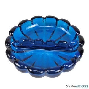 Mid-Century Scalloped Blue Art Glass Round Ruffled Cigar Ashtray - Picture 1 of 6