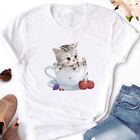 T-shirt à manches courtes pour femme gris tabby imprimé chat (livraison terrestre gratuite des États-Unis)