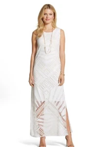 Chicos White Burnout Maxi Dress Sheer Side Slit Geometric Renee Size 8 Small - Picture 1 of 15
